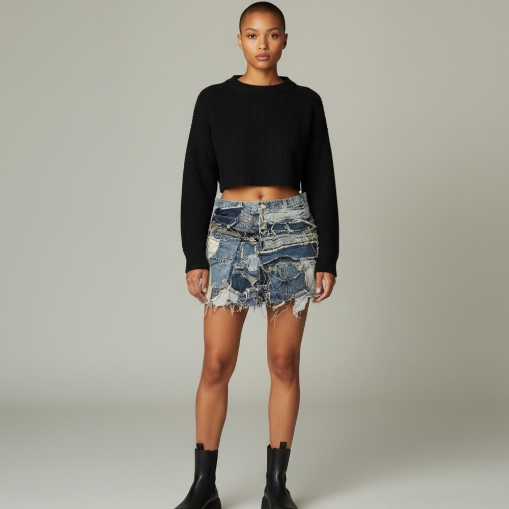 Deconstructed Upcycled Patchwork Denim Mini Skirt… - image 2
